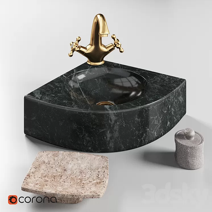 Sink made of natural stone Quarter Black Teak House and mixer Lemark LM2806B 3D Model