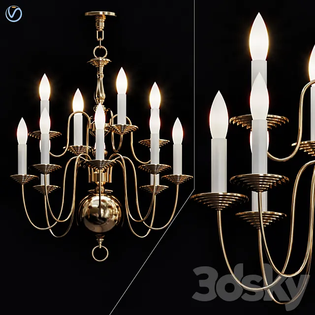 Six Light Dutch Brass Antique Chandelier 3D Model