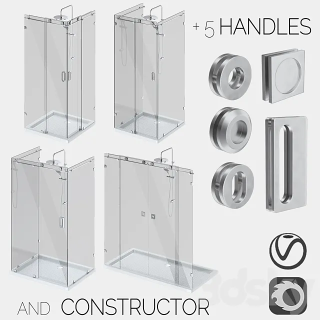 Sliding glass shower cabins designer and handle set 3D Model Sliding glass shower cabins designer and handle set 3D Model