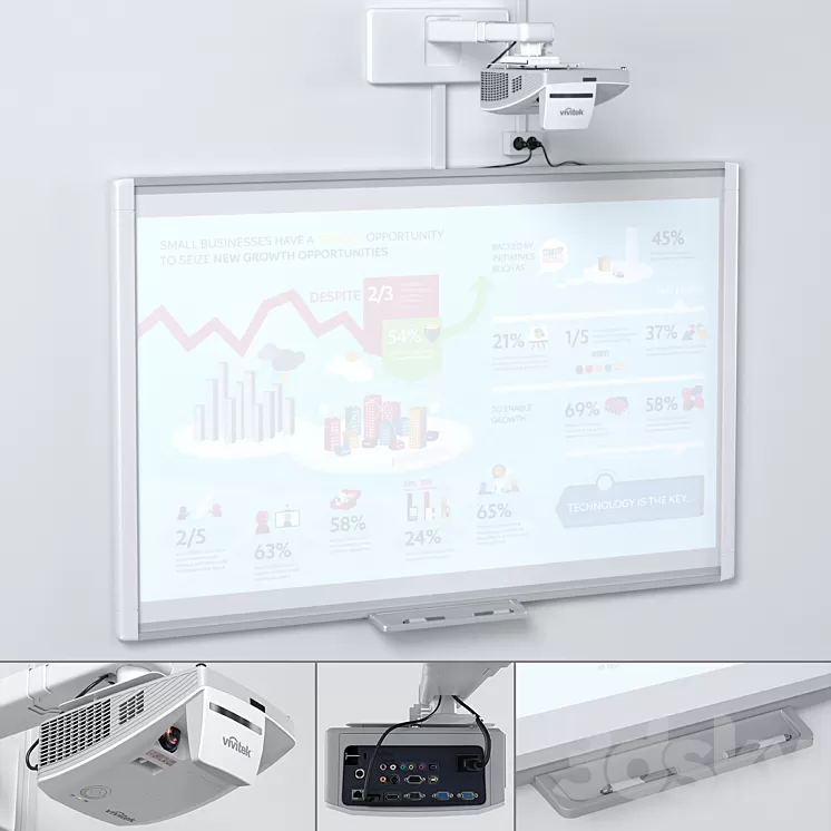Smart SBM685 Whiteboard with Vivitek DH758UST Projector and Mount 3D Model