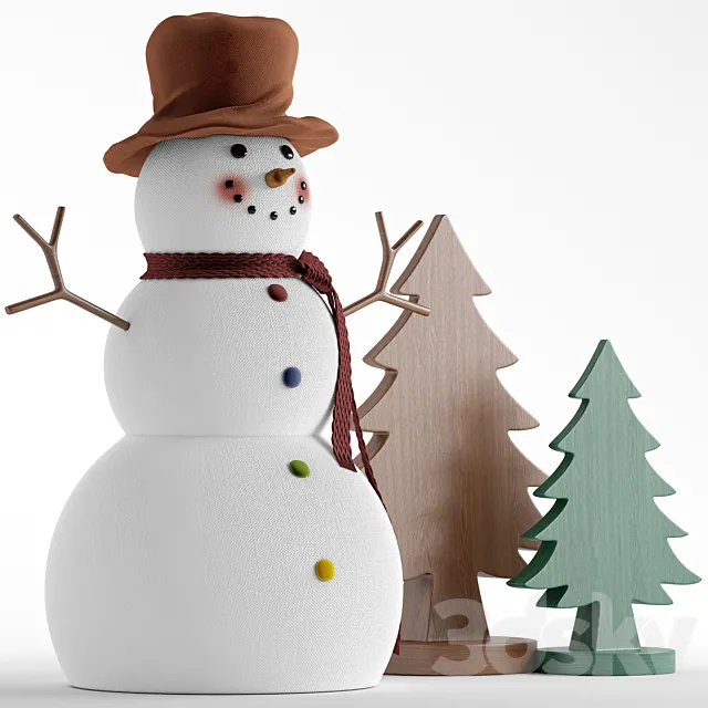 Snowman and wooden christmas tree 3D Model Snowman and wooden christmas tree 3D Model