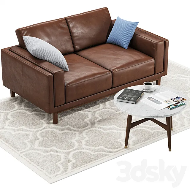 Sofa West Elm Dekalb Leather Loveseat Table Reeve mid-century coffee table 3D Model Sofa West Elm Dekalb Leather Loveseat Table Reeve mid-century coffee table 3D Model