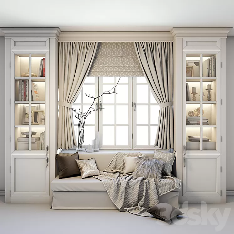 Soft area at the window – a sofa with pillows blankets curtains cabinets and decor. 3D Model Soft area at the window – a sofa with pillows blankets curtains cabinets and decor. 3D Model