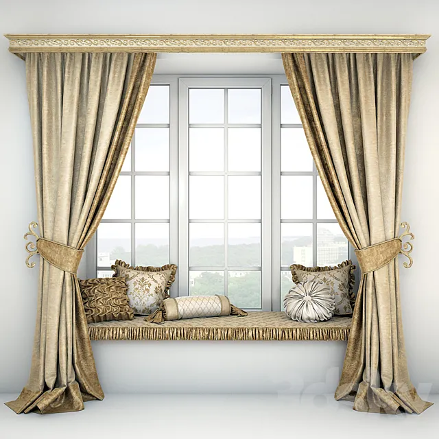 Soft quilted sill with cushions and curtains 3DModel