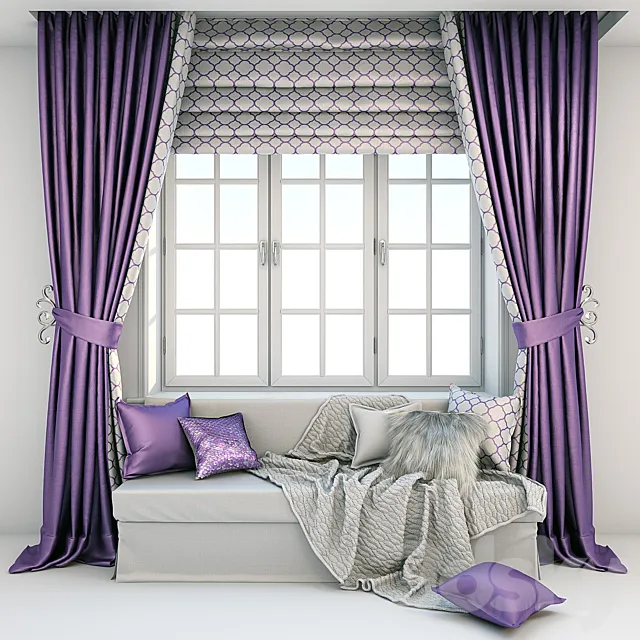 Soft window area – sofa with cushions blankets and curtains 3D Model Soft window area – sofa with cushions blankets and curtains 3D Model
