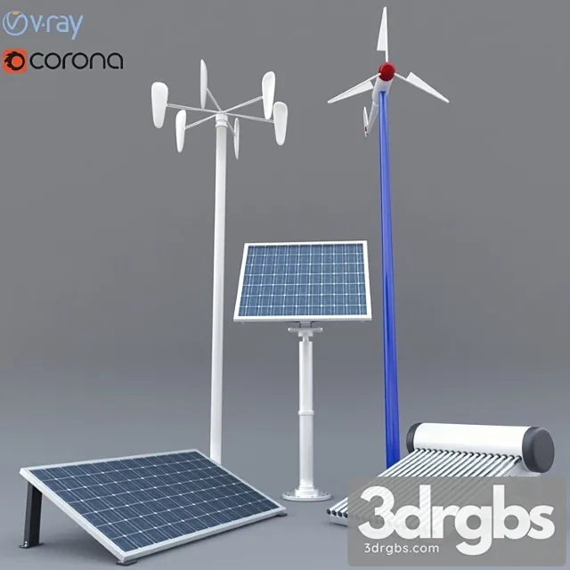 Solar Panel Solar Heater and Wind Turbine 3D Model Download