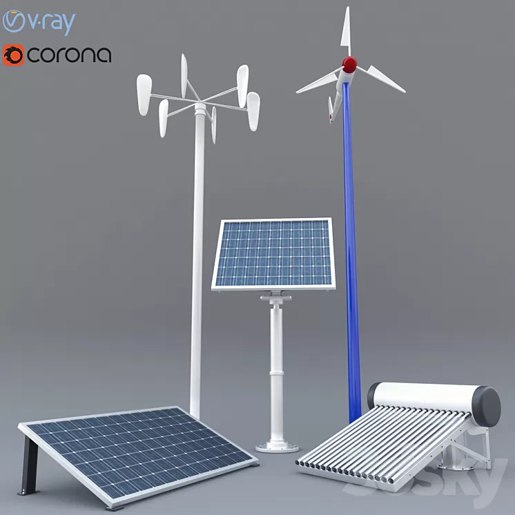 solar panel solar heater and wind turbine 3D Model solar panel solar heater and wind turbine 3D Model