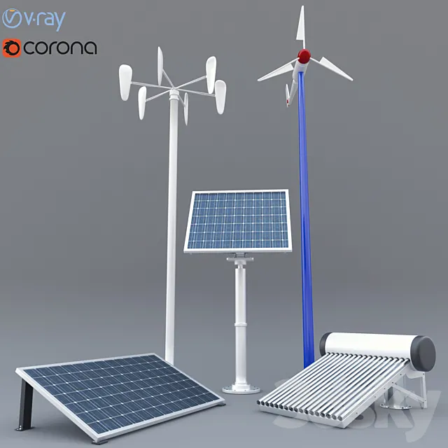 solar panel. solar heater and wind turbine 3DModel