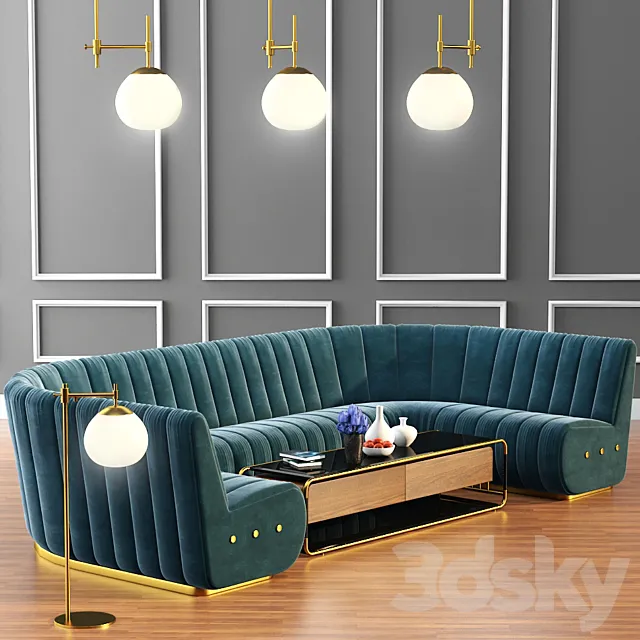 Sophia Long Sofa & Launter Table With Parquet 3DModel