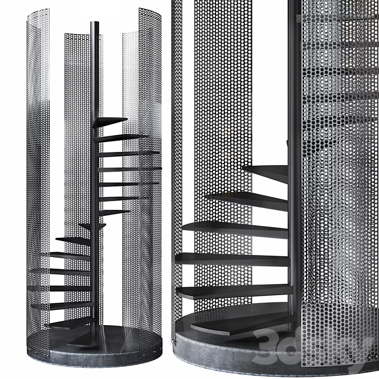 Spiral staircase Loft with perforated railing 3D Model