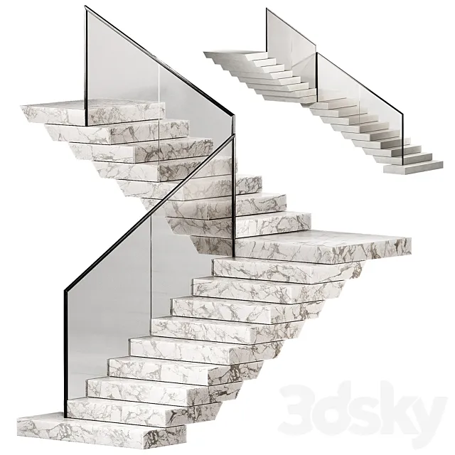 Stairs 3. Stone steps. Metal glass railings. 2 color options – marble and concrete. 3D Model