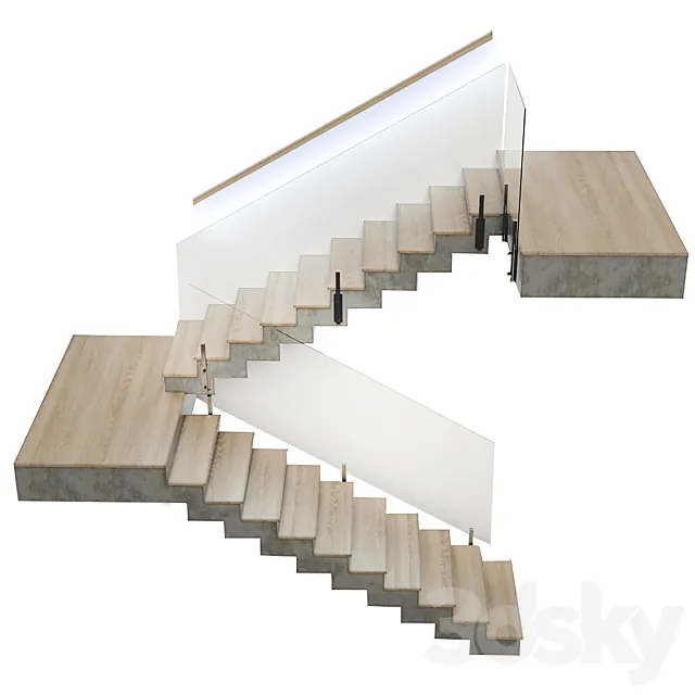Stairs made of wood and concrete with built-in LED illuminated handrail 3D Model