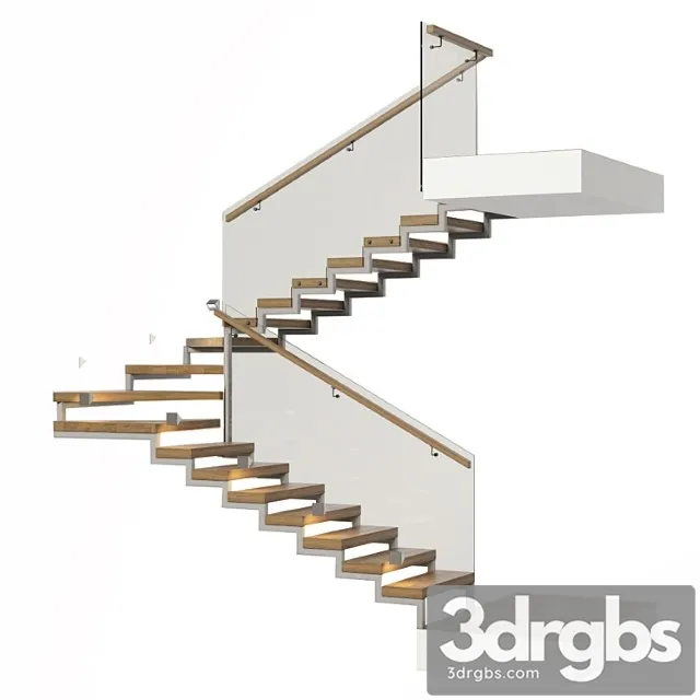 Stairs with a landing platform – made of wood glass and metal with illumination profi led ip44 3D Model Download