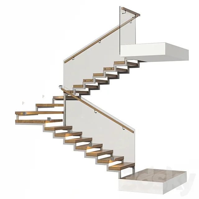 Stairs with a landing platform – made of wood. glass and metal with illumination PROFI LED IP44 3DModel
