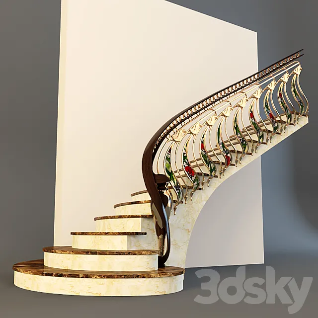 Stairs with golden handrail 3DModel