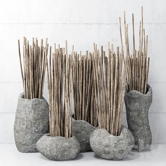 Stone dishes _ Stone vases with branches 3D Model Stone dishes _ Stone vases with branches 3D Model