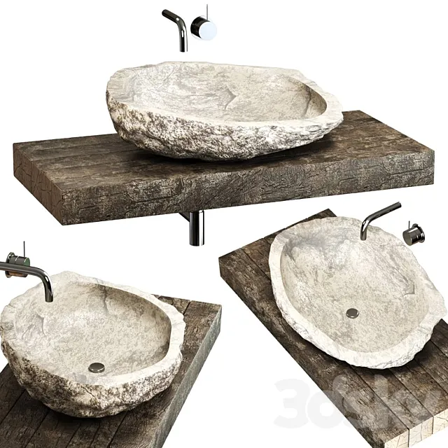 Stone sink on a log countertop 3D Model Stone sink on a log countertop 3D Model