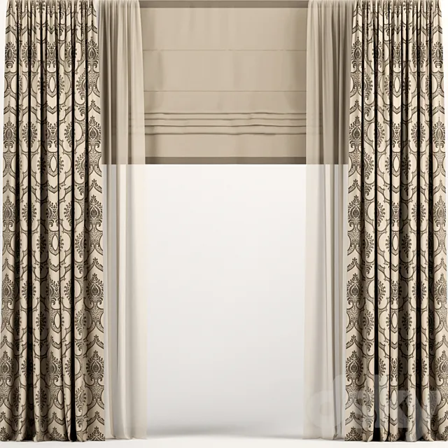 Straight brown curtains with Roman and tulle. 3D Model Straight brown curtains with Roman and tulle. 3D Model