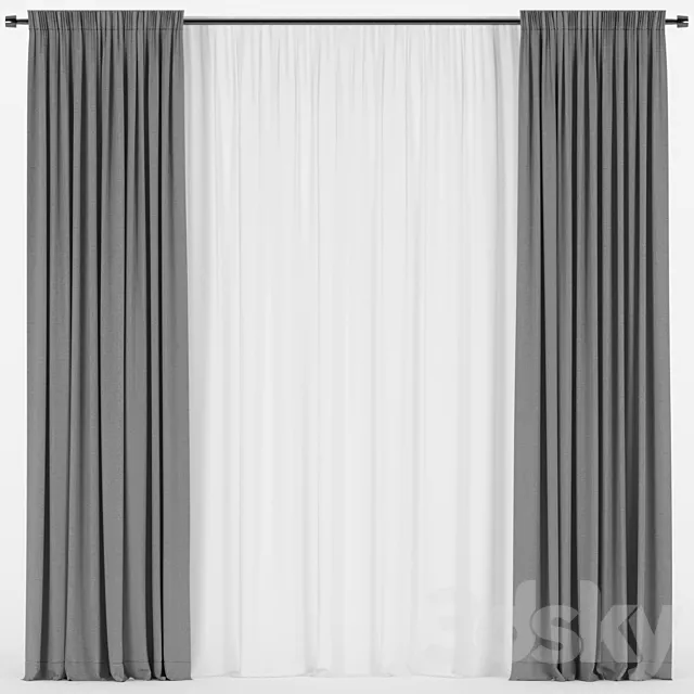 Straight curtains with tulle. 3D Model Straight curtains with tulle. 3D Model