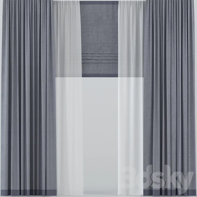 Straight curtains with tulle and roman 3D Model Straight curtains with tulle and roman 3D Model