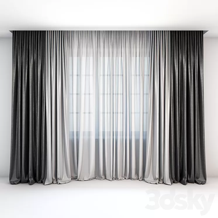 Straight two-color curtains in the floor and tulle in a modern style 3D Model