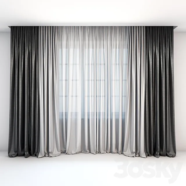 Straight two-color curtains in the floor and tulle in a modern style 3DModel Straight two-color curtains in the floor and tulle in a modern style 3DModel