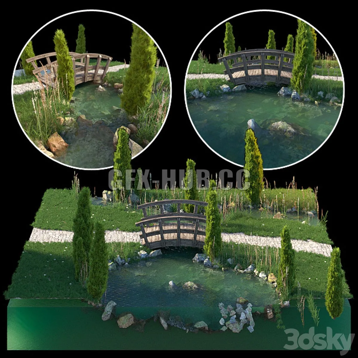Stream and wooden bridge 3D Model Stream and wooden bridge 3D Model