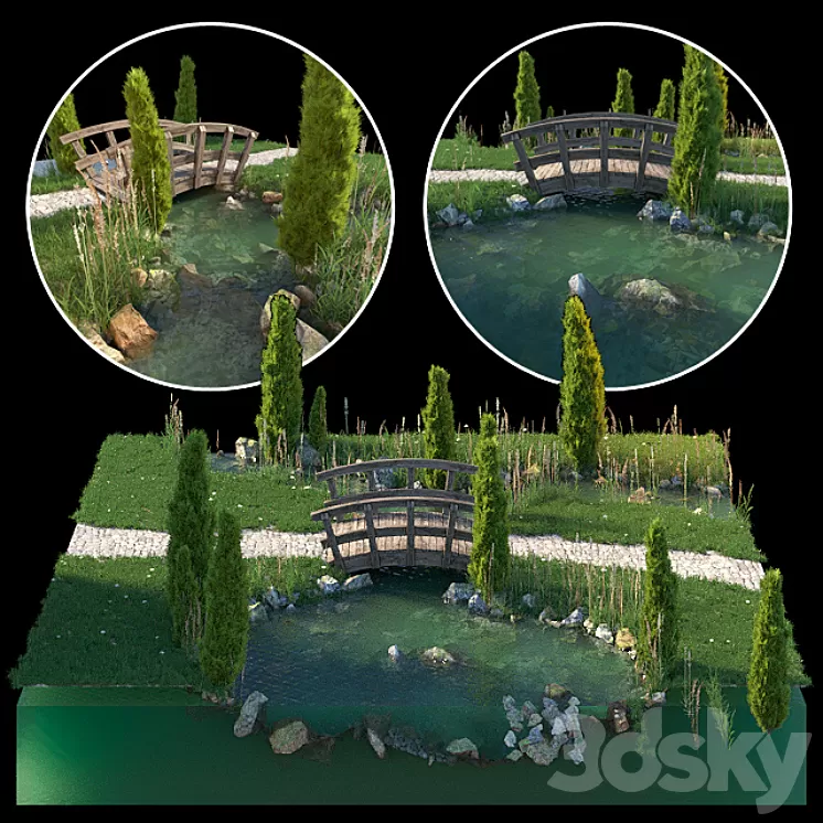 Stream and wooden bridge 3D Model