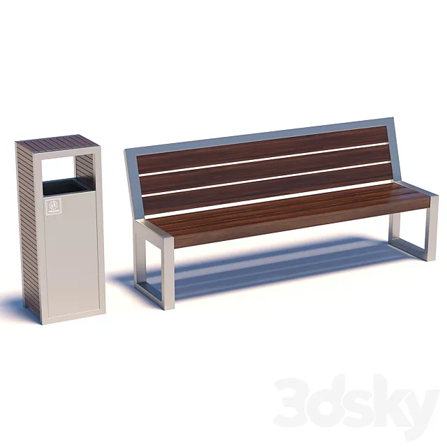 Street bench with trashcan 3DModel Street bench with trashcan 3DModel