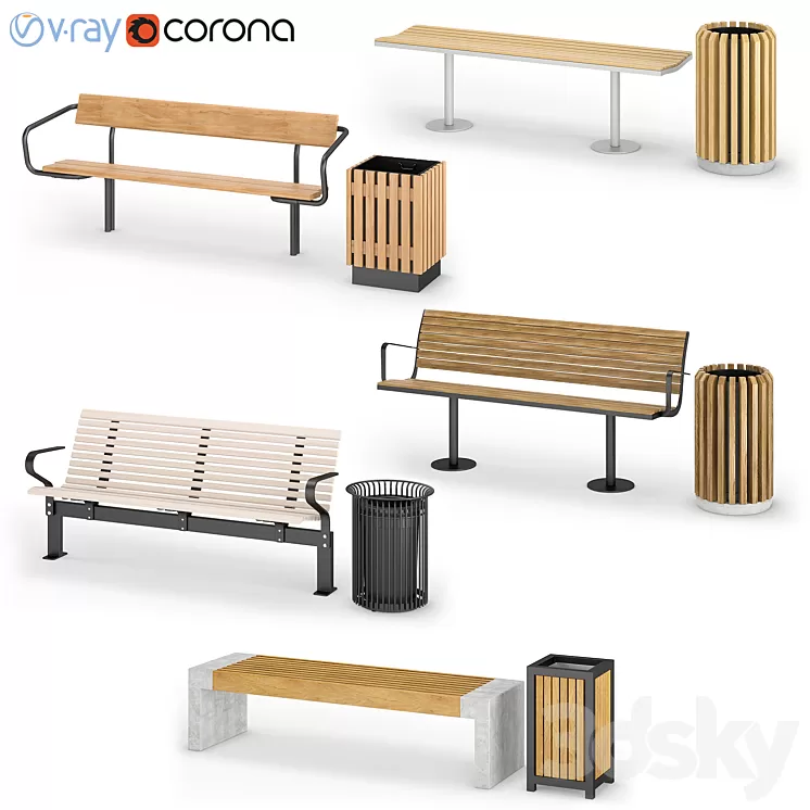 Street benches with trash cans Nola 2 3D Model Street benches with trash cans Nola 2 3D Model