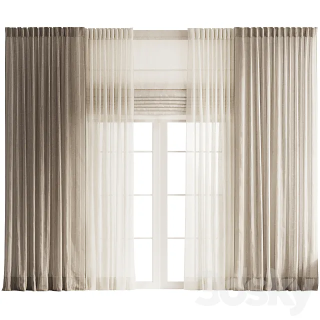 Striped Curtains with Tulle and Roman Shades 3D Model