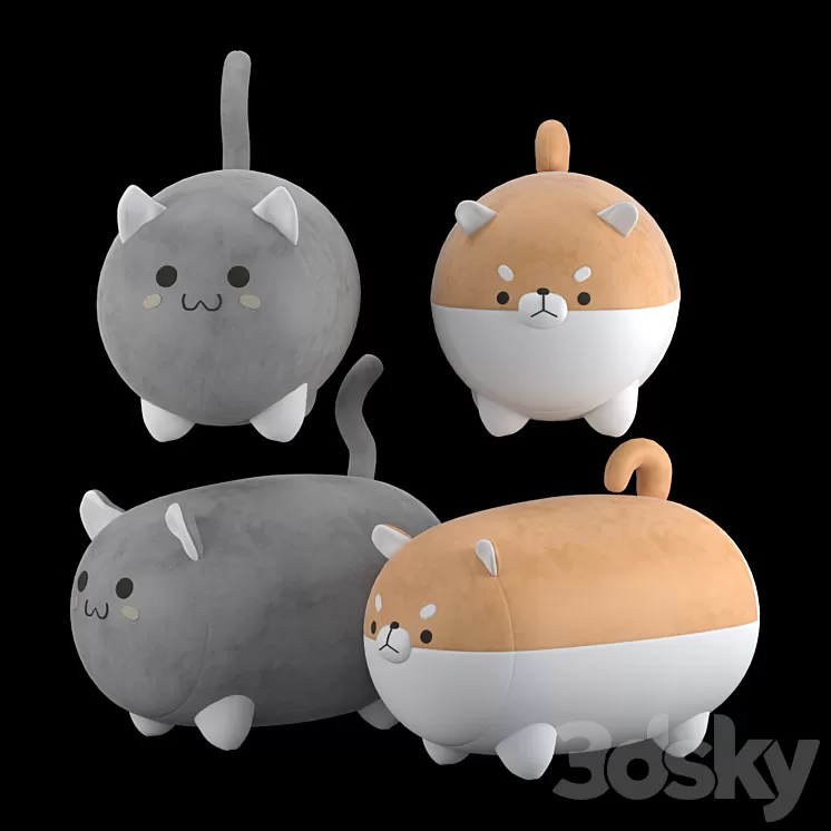 Stuffed toys cat and dog 3D Model