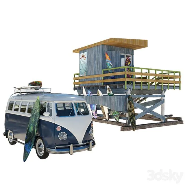 Surfing school with volkswagen t1 3D Model