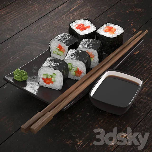 Sushi rolls with salmon and cucumber 3D Model