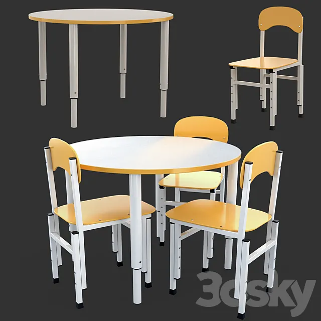 Table and Chairs Height Adjustable 3D Model
