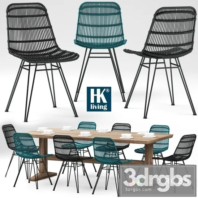 Table and Chairs HKliving Rotan Stoel 3D Model Download