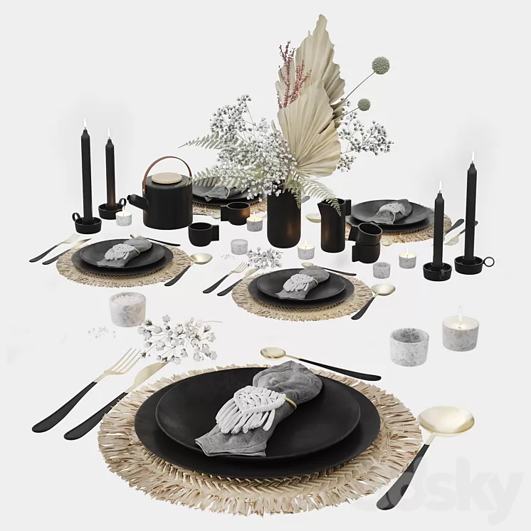 Table Set With Macrame and Dry Flowers 3D Model Free Download