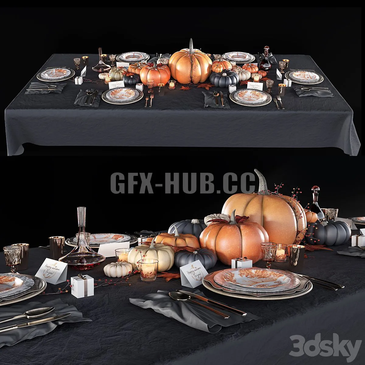 Table set with pumpkins 3D Model
