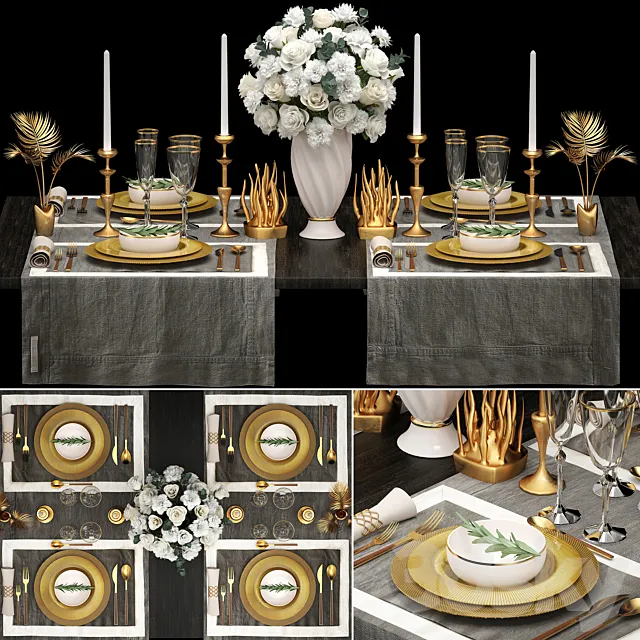 Table setting 2. ZARA HOME. white bouquet. gold decor. luxury. table decoration. cutlery. candles 3DModel