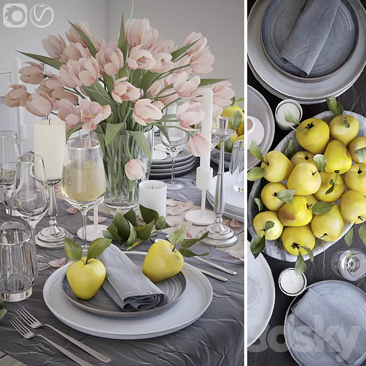 Table setting 27. table setting with pink tulips 3D Model