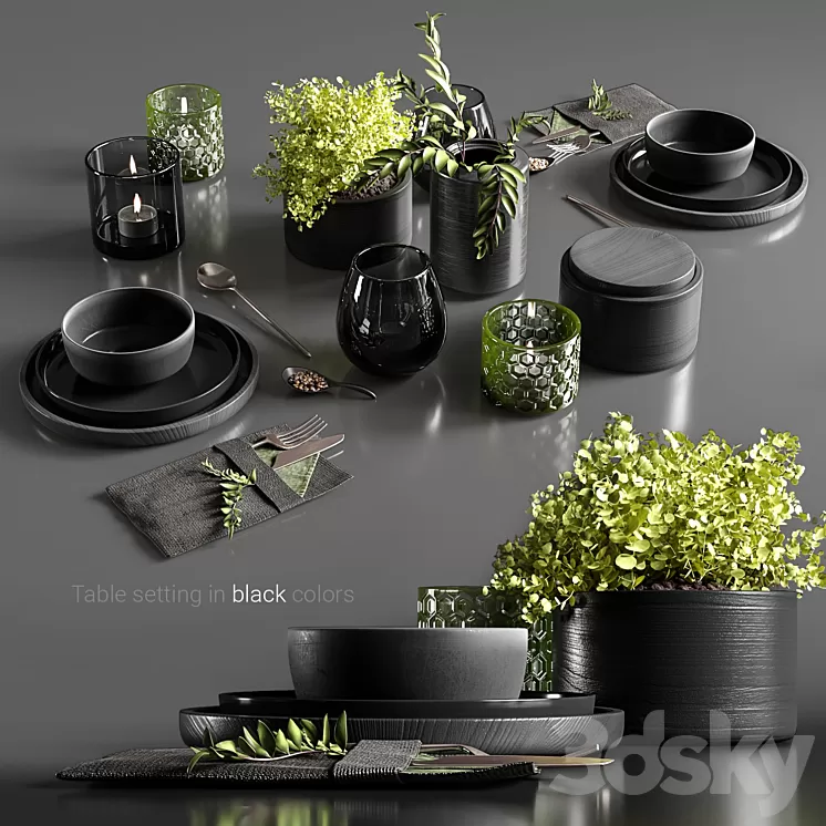 Table setting in black colors 3D Model