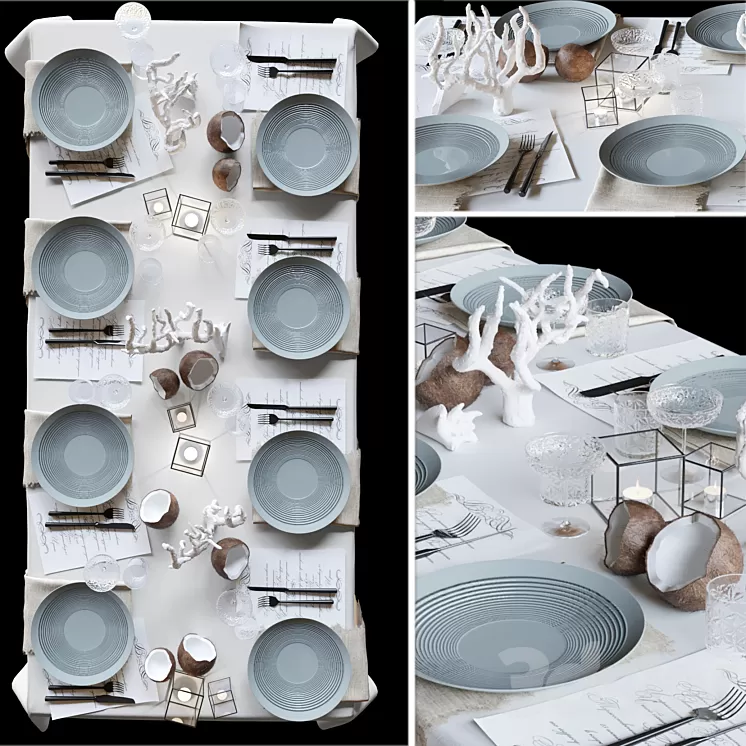 Table setting with collectible crockery candles and marine-style corals 3D Model