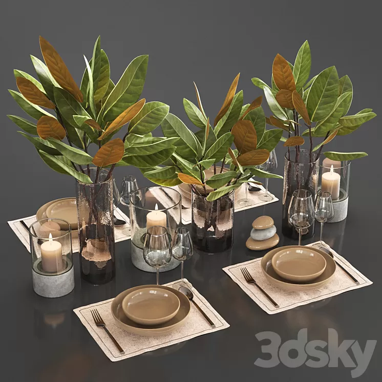 Table setting with leaves_1 3D Model