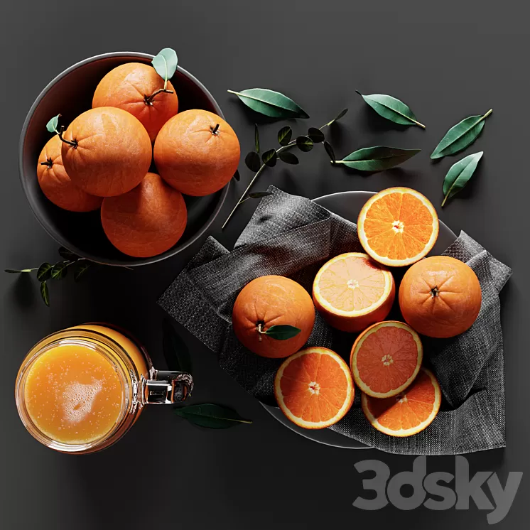 Table Setting with Oranges and Juice 3D Model