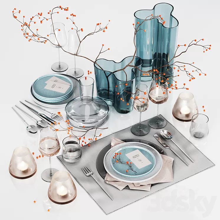 Table setting with rowan 3D Model Free Download