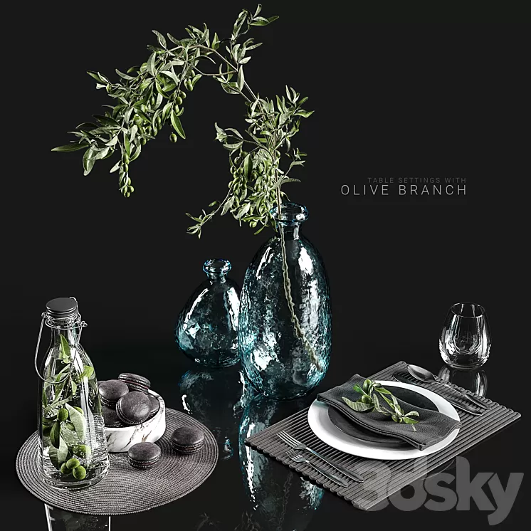Table settings with olive branch 3D Model