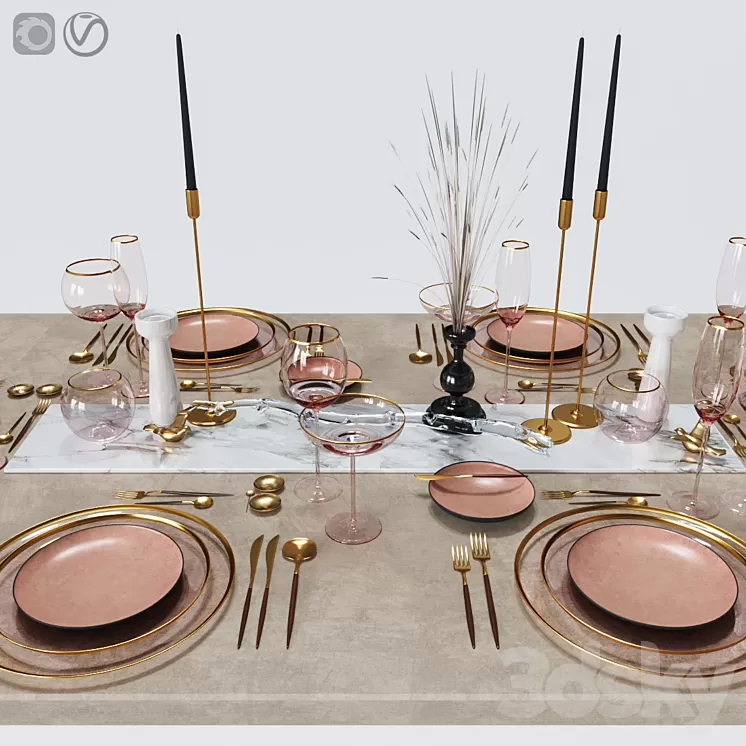 Table settings with pink glass 3D Model