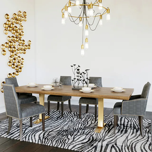 Table with chairs and a chandelier with a gold panel 3D Model