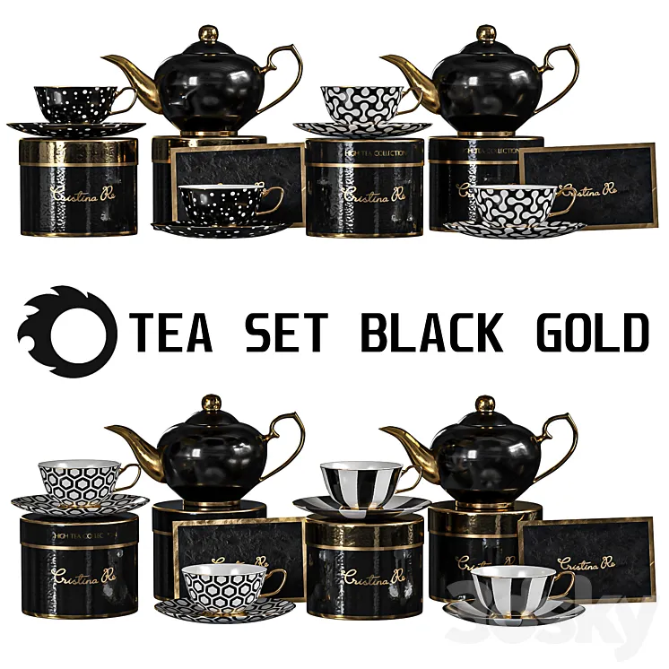 tea set black gold 3D Model Free Download