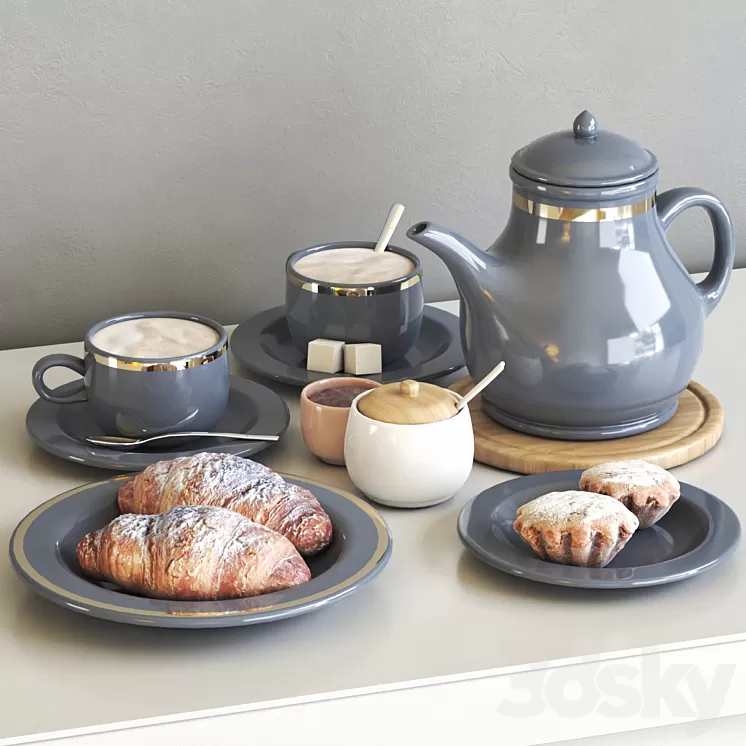 Tea set with croissant and muffin 3D Model